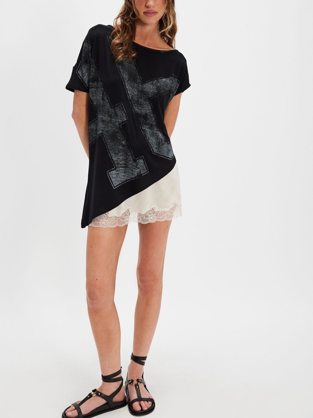 Free People Black Short Sleeve Graphic Tee with Cream Trim